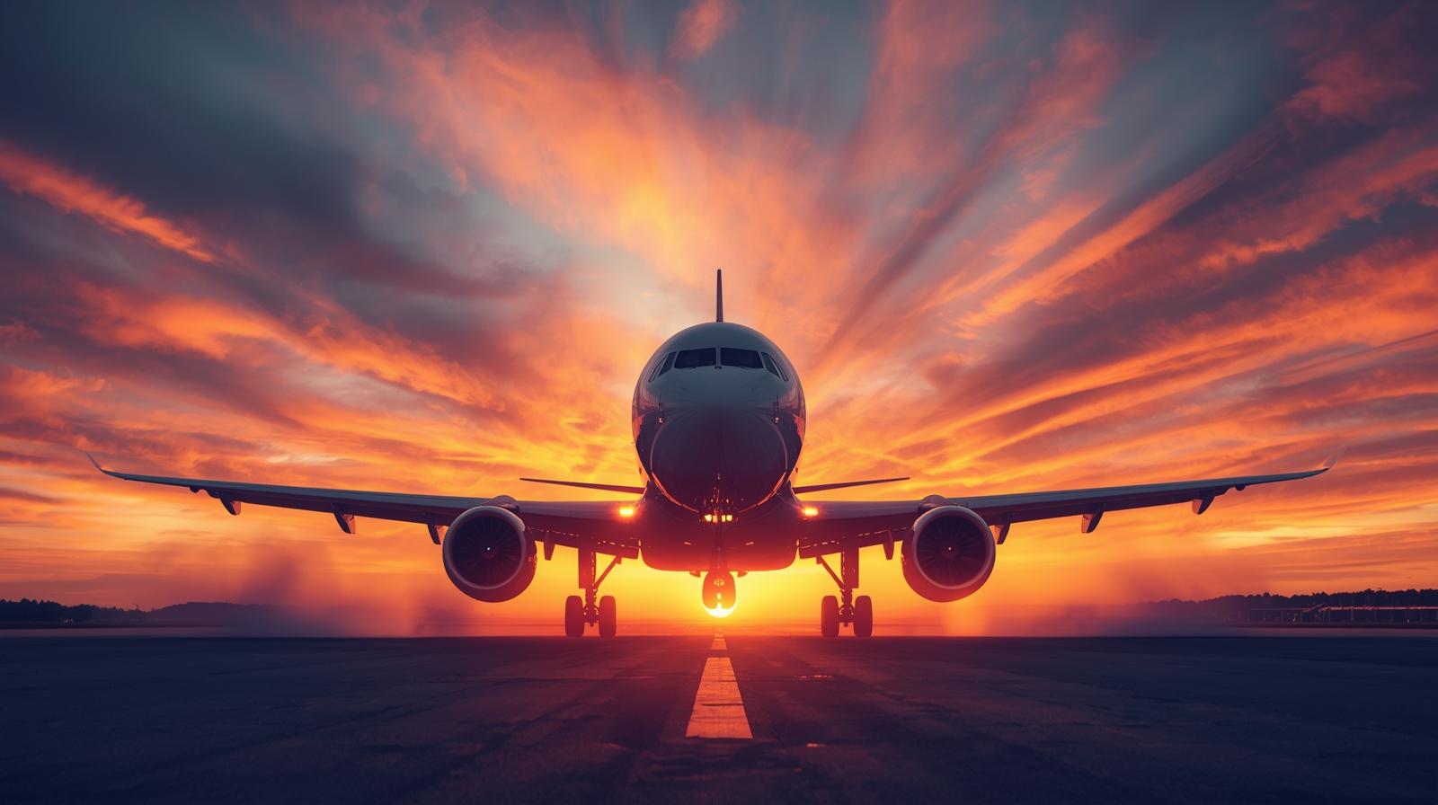 Create an image of a plane taking off the runway with a beautiful sunrise